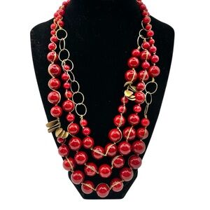 Coldwater Creek Cherry Bomb Red Bead Multi-stand Tiered Necklace w/ Gold Accents